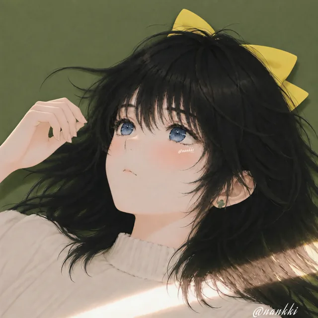 GuNan's illustrated portrait, with black hair, blue eyes, and a yellow hair accessory